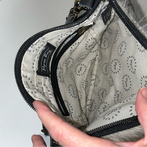 Purse-Myra black leather & mix of white, blk, tan hair. 7”x7.5”. 45” strap EUC - Picture 10 of 10